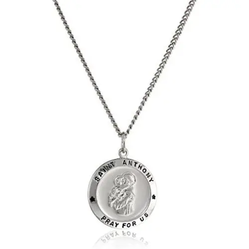 Sterling Silver Round Saint Anthony Pendant Necklace with Rhodium Plated Stainless Steel Chain, 20''