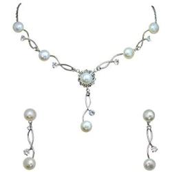 Faship Gorgeous CZ Crystal Freshwater Pearls Floral Necklace Earrings Set