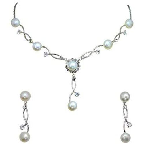Faship Gorgeous CZ Crystal Freshwater Pearls Floral Necklace Earrings Set