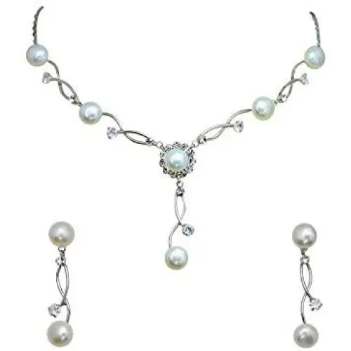 Faship Gorgeous CZ Crystal Freshwater Pearls Floral Necklace Earrings Set Faship Gorgeous CZ Crystal Freshwater Pearls Floral Necklace Earrings Set