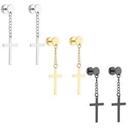 Szory Stainless Steel Dangle Cross Earrings for Men Women Black Silver Gold