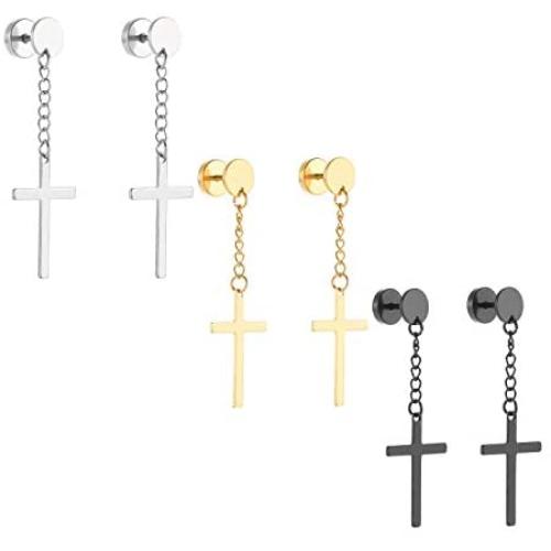 Szory Stainless Steel Dangle Cross Earrings for Men Women Black Silver Gold