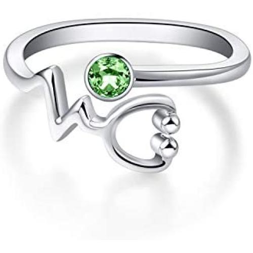 AOBOCO Sterling Silver Heartbeat EKG Stethoscope Ring Embellished with Simulated Birthstone Crystal from Austria, Medical Jewelry for Doctor Nurse Medical Student RN Nurse Gifts for Women