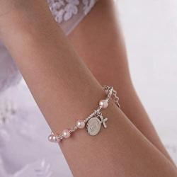 Childrens Sterling Silver Communion Rosary Bracelet with Cultured Pearl and Crystal (6-6.5'')