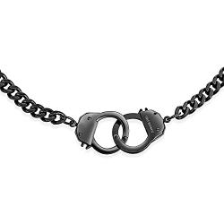 Biker Jewelry Working Lock Partners in Crime Black Handcuff Statement Necklace for Men for Women Black Or Silver Tone Stainless Steel
