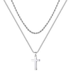 Ursteel Cross Necklace for Men, Stainless Steel Silver Black Gold Layered Rope Chain Cross Pendant Necklace Simple Jewelry Gifts Chain Necklace for Men, 16-26 Inches Box Chain