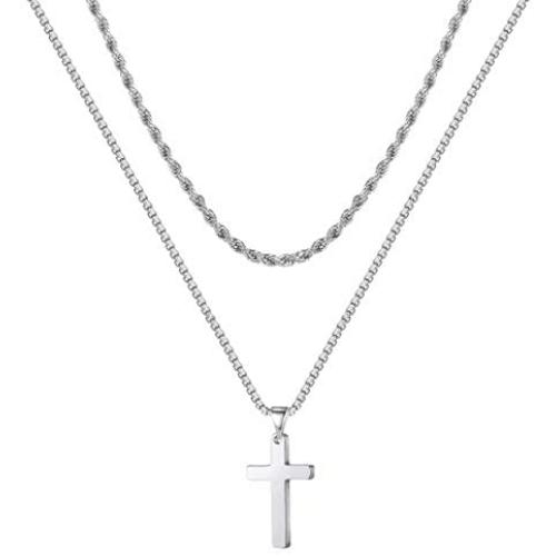 Ursteel Cross Necklace for Men, Stainless Steel Silver Black Gold Layered Rope Chain Cross Pendant Necklace Simple Jewelry Gifts Chain Necklace for Men, 16-26 Inches Box Chain