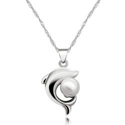 Uloveido Girls Cute White Dolphin Pendant Necklace for Women Silver Color Created Pearl Necklace for Mom Girlfriend Mother Day Birthday Jewelry Gift N1076