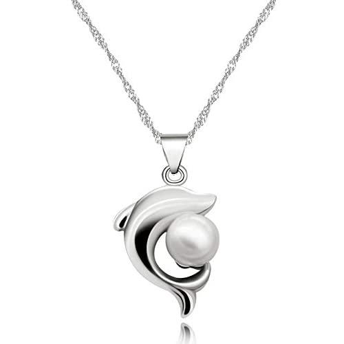 Uloveido Girls Cute White Dolphin Pendant Necklace for Women Silver Color Created Pearl Necklace for Mom Girlfriend Mother Day Birthday Jewelry Gift N1076