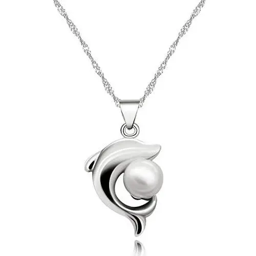 Uloveido Girls Cute White Dolphin Pendant Necklace for Women Silver Color Created Pearl Necklace for Mom Girlfriend Mother Day Birthday Jewelry Gift N1076
