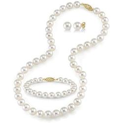 THE PEARL SOURCE 14K Gold 6.5-7mm Round White Akoya Cultured Pearl Necklace, Bracelet & Earrings Set in 18'' Princess Length for Women