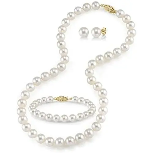 THE PEARL SOURCE 14K Gold 6.5-7mm Round White Akoya Cultured Pearl Necklace, Bracelet & Earrings Set in 18'' Princess Length for Women THE PEARL SOURCE 14K Gold 6.5-7mm Round White Akoya Cultured Pearl Necklace, Bracelet & Earrings Set in 18'' Princess Length for Women