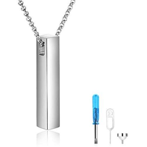 S925 Sterling Silver 3D Vertical Bar Urn Necklace for Ashes Simple Bar Urn Pendant Memorial -Ashes Keepsake Cremation Necklace Jewelry