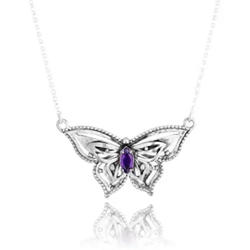 PZ Paz Creations 925 Sterling Silver Gemstone Butterfly Pendant for Woman Girls | Marquise Gemstone Necklace with Round Box Chain | Birthstone Blue Topaz Peridot Amethyst