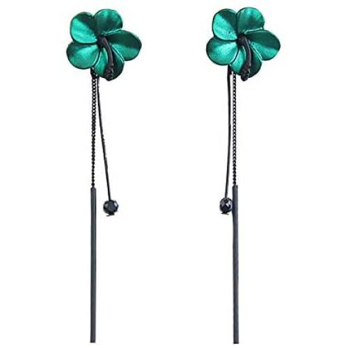 Eiffy Trendy Red Green Poppy Flower Black Long Line Bar Tassel Earrings for Women Charm Drop Dangle Earring Jewelry (Green)