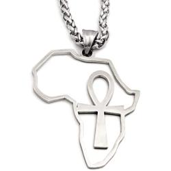GUNGNEER Stainless Steel Ankh Cross Necklace Africa Map Pendant Silvertone Keel Chain Jewelry Strength Amulet Talisman
