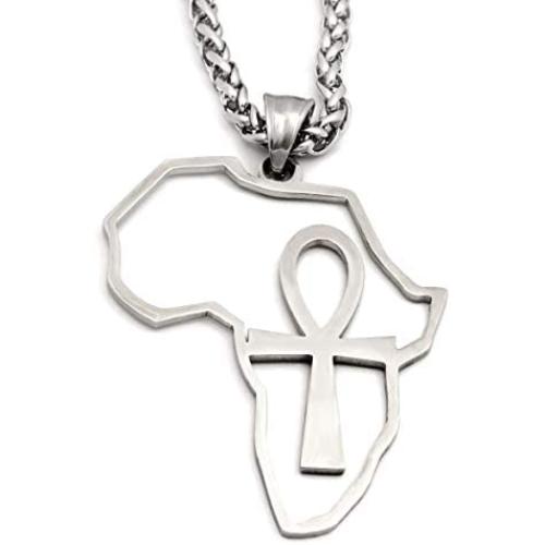 GUNGNEER Stainless Steel Ankh Cross Necklace Africa Map Pendant Silvertone Keel Chain Jewelry Strength Amulet Talisman
