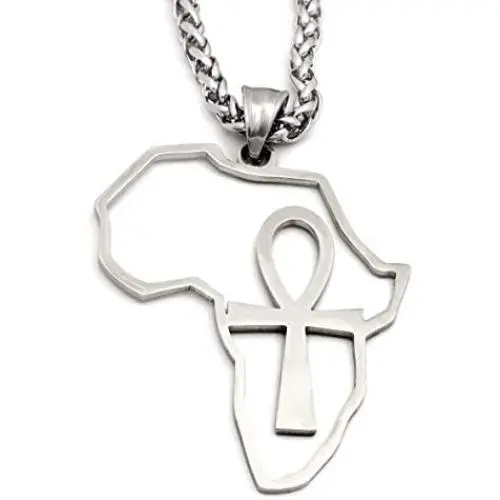GUNGNEER Stainless Steel Ankh Cross Necklace Africa Map Pendant Silvertone Keel Chain Jewelry Strength Amulet Talisman GUNGNEER Stainless Steel Ankh Cross Necklace Africa Map Pendant Silvertone Keel Chain Jewelry Strength Amulet Talisman