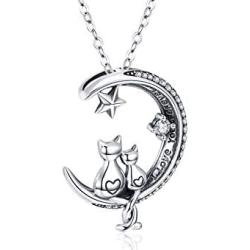 Cat Necklace, S925 Sterling Silver Cat on Moon Pendant, Cubic Zirconia, Women Jewelry, Gifts for Mum with Gift Package- I Love you forever