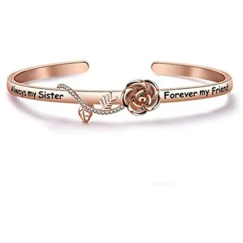 Best Friend Bracelet Sister Gift Always My Sister Forever My Friend Cuff Bracelet with Rose Flower Gift for Sisters Friendship Jewelry Best Friend Bracelet Sister Gift Always My Sister Forever My Friend Cuff Bracelet with Rose Flower Gift for Sisters Friendship Jewelry