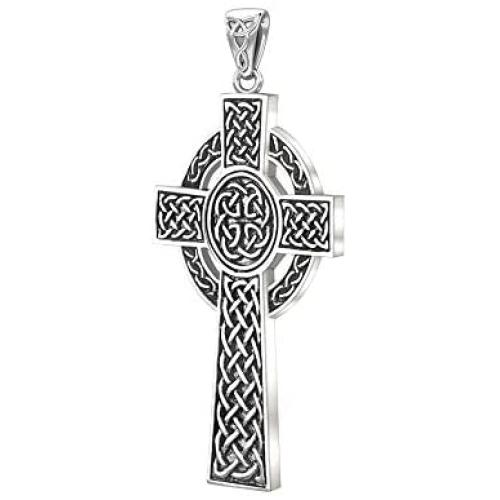 US Jewels New 925 Sterling Silver Irish Celtic Knot Cross Religious Pendant, 43mm