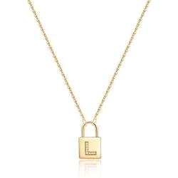 Turandoss Gold Initial Lock Necklaces for Women, 14K Gold Plated Dainty Personalized Initial CZ Letter Padlock Pendant Gold Lock Necklaces for Women Girls Trendy Jewelry Gifts