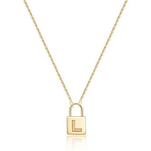 Turandoss Gold Initial Lock Necklaces for Women, 14K Gold Plated Dainty Personalized Initial CZ Letter Padlock Pendant Gold Lock Necklaces for Women Girls Trendy Jewelry Gifts