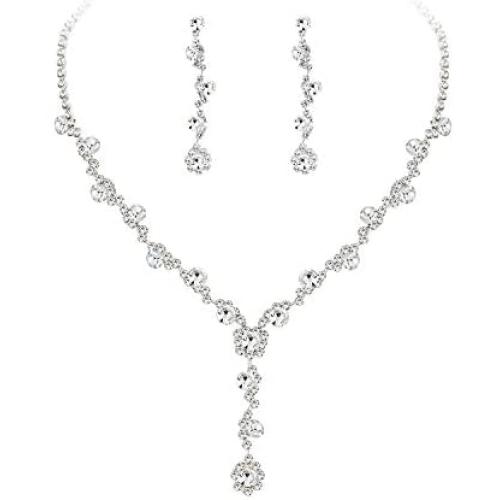 ABDOT Clear Rhinestone Bridal Jewelry Sets for Women Crystal Necklace Earrings Bracelet Set Silver-Tone Wedding Bridal Bridesmaid Gifts fit with Wedding Dress