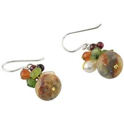 NOVICA Multi-Gem Jasper Cultured Freshwater Pearl .925 Silver Cluster Earrings Exotic Cluster