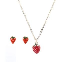 Red Dripping Oil Cute Strawberry Earrings Necklace Set for Girls Sweet Small Fresh Fruit Strawberry Pendant Necklace Stud Earrings for Women