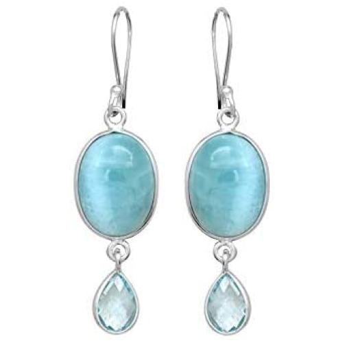 2'' Larimar Blue Topaz 925 Solid Sterling Silver Teardrop Dangle Earrings