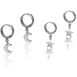 Mini Star Moon Dangle Silver Small Hoop Earrings Crescent Round Circle Geometry Pendant Earrings Punk Hip Hop Simple Small Cartilage Sleeper Hoops Loops Cute Jewelry for Women Teen Girls