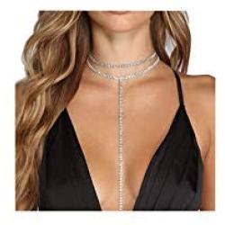Riymusry Sexy Multilayered Long Choker Necklaces Double Layer Crystal Full Rhinestone Choker Necklace Statement Necklace Luxury Collares Jewelry for Women Body Jewelry Nightclub Party(Silver Necklace)