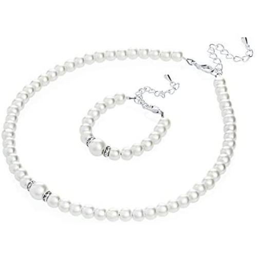 Elegant Cream Simulated Pearl Toddler Girl Necklace and Bracelet Stylish Gift Set (GS-P-C-All)