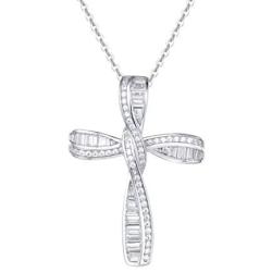 FANCIME White Gold Plated 925 Solid Sterling Silver CZ Cubic Zirconia Twisted Cross Infinity Open Loop Crucifix Princess Pendant Necklace For Women Girls, 16'' + 2'' Extender