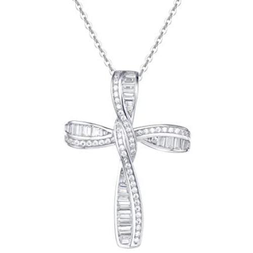 FANCIME White Gold Plated 925 Solid Sterling Silver CZ Cubic Zirconia Twisted Cross Infinity Open Loop Crucifix Princess Pendant Necklace For Women Girls, 16'' + 2'' Extender