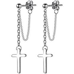 Cross Dangle Drop Earrings 925 Sterling Silver Chain Dropping for Women Men Punk Ball Studs Hypoallergenic Jewelry
