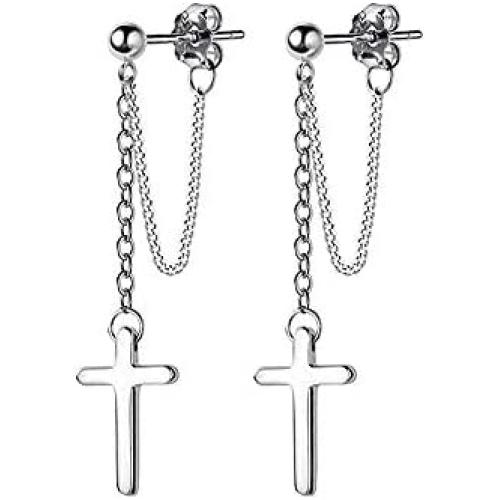 Cross Dangle Drop Earrings 925 Sterling Silver Chain Dropping for Women Men Punk Ball Studs Hypoallergenic Jewelry