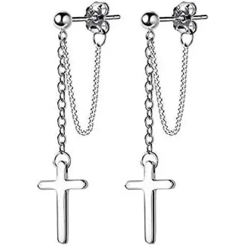 Cross Dangle Drop Earrings 925 Sterling Silver Chain Dropping for Women Men Punk Ball Studs Hypoallergenic Jewelry