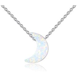 Kaletine White Synthetic Opal Crescent Moon Pendant Necklace Sterling Silver Cable Chain Adjustable 16-17-18 Inch