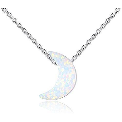 Kaletine White Synthetic Opal Crescent Moon Pendant Necklace Sterling Silver Cable Chain Adjustable 16-17-18 Inch