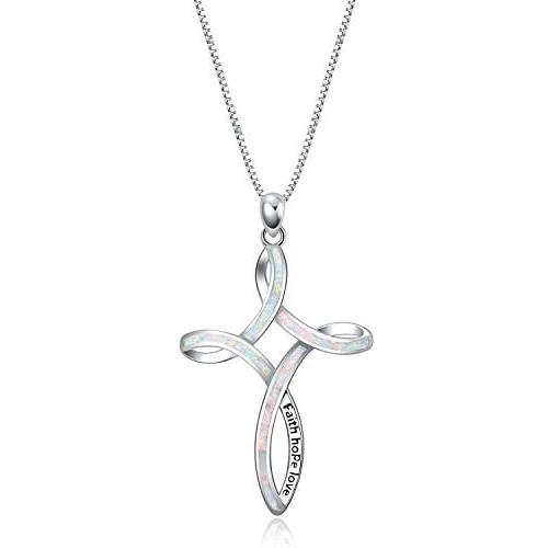 WINNICACA Luck Irish Celtic Knot Sterling Silver Cross Necklace Created Opal Faith Hope Love Jewelry for Women Teens Birthday Mothers Day Gifts for Her