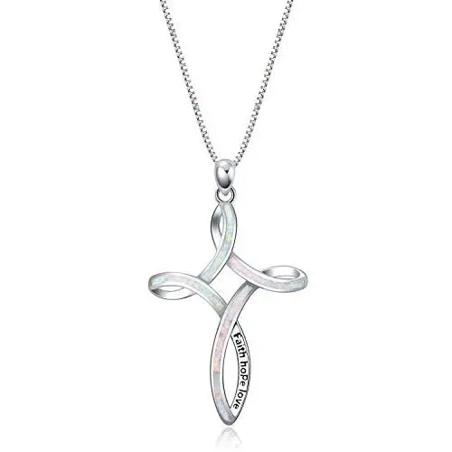 WINNICACA Luck Irish Celtic Knot Sterling Silver Cross Necklace Created Opal Faith Hope Love Jewelry for Women Teens Birthday Mothers Day Gifts for Her