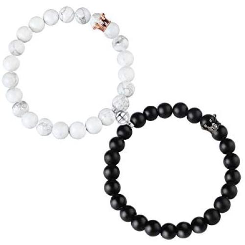 YADOCA 2 Pcs Magnetic Couples Bracelets for Women Men Beaded Matching Bracelets for Him and Her Connect Bracelet Crown Bracelet for Couple Valentine’s Day Gift Best Friend Bracelets Friendship
