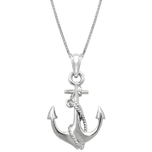 Honolulu Jewelry Company Sterling Silver Ship Anchor and Rope Necklace Pendant with 18'' Box Chain