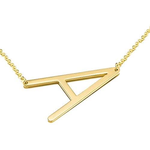 Sideways Large Initial Necklace for Women - 18K Gold Plated Letter Necklace for Women Girls, Stainless Steel Big Alphabet Monogram Necklace A-Z Name Slanted Initial Necklace Initial Jewelry for Women