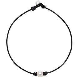 KWHY Single White Pearl Choker Necklace with Three Beads Freshwater Pearls Choker Necklace on Genuine Leather Cord Knotted Jewelry for Women Girls