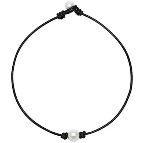 KWHY Single White Pearl Choker Necklace with Three Beads Freshwater Pearls Choker Necklace on Genuine Leather Cord Knotted Jewelry for Women Girls