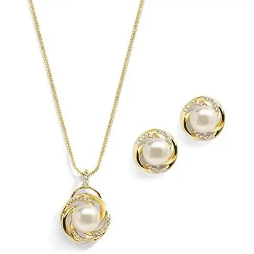 Mariell Freshwater Pearl Button Wedding Necklace and Earrings Gold Jewelry Set for Bridesmaids & Brides Mariell Freshwater Pearl Button Wedding Necklace and Earrings Gold Jewelry Set for Bridesmaids & Brides
