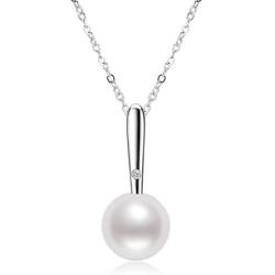 White Pearl Pendant Necklace Freshwater Cultured 7.5-8mm Dainty Single Pearl Necklace Silver Chain with Cubic Zirconia Jewelry Gifts for Women Girls